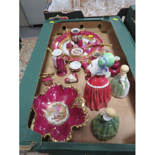 114 - Two trays of assorted ceramics to include a Minton bowl together with a tray of glassware (3)