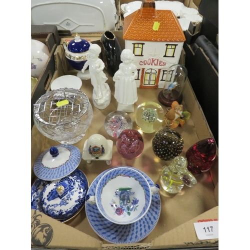117 - Two trays of assorted ceramics and glass to include a Royal crown Derby Imari pin dish
