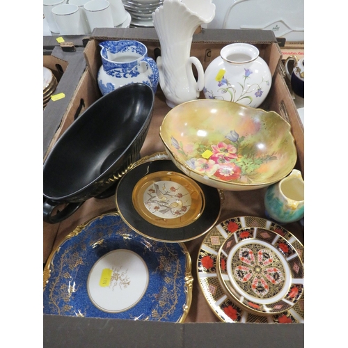 117 - Two trays of assorted ceramics and glass to include a Royal crown Derby Imari pin dish
