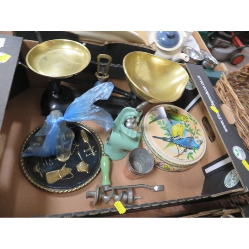 77 - Two trays of assorted ceramics and sundries to include a set of vintage scales and weights, binocula... 