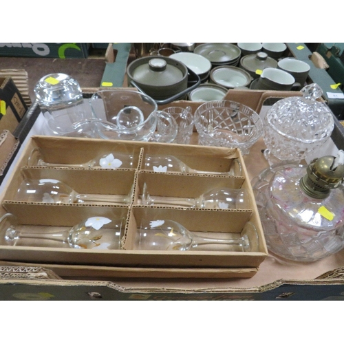 81 - Three trays of assorted ceramics and glass to include Denby, Aynsley lamp etc