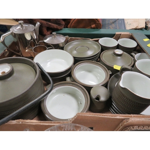81 - Three trays of assorted ceramics and glass to include Denby, Aynsley lamp etc
