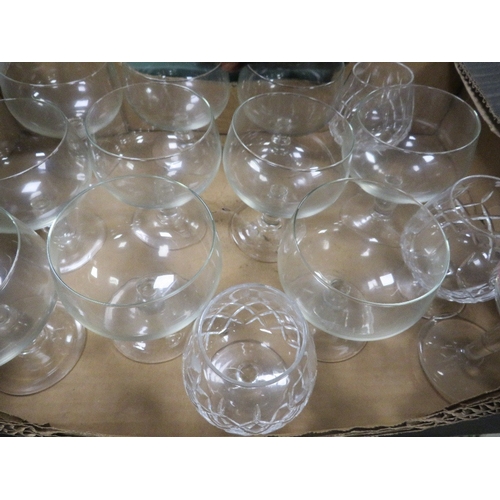88 - Three trays of assorted glassware to include a decanter