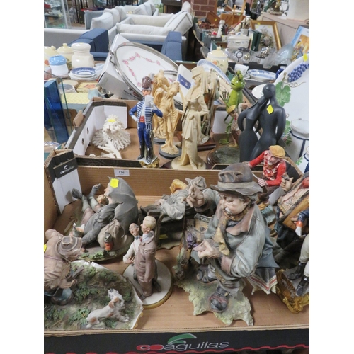 176 - Two trays of assorted figures to include capodimonte style figures