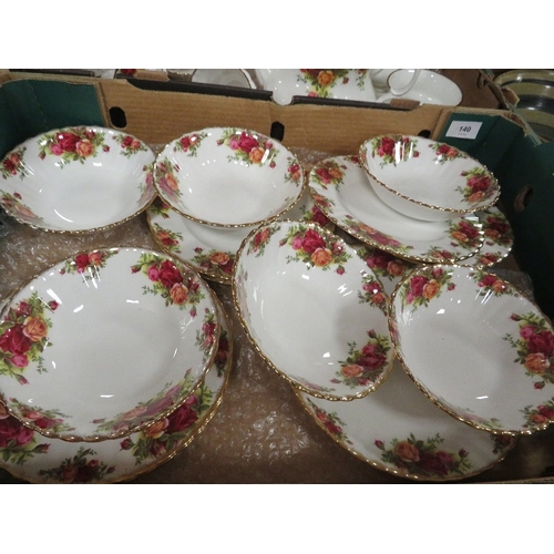 140 - Two trays of Royal Albert Old Country Roses, teapot, milk, sugar, tray, cake plate, 6 cups, 6 saucer... 