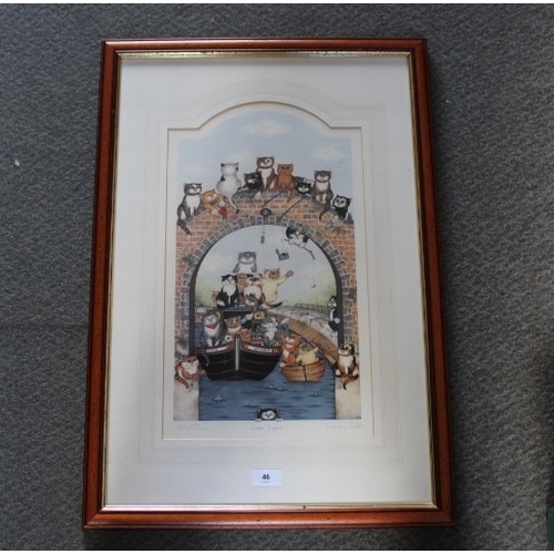 46 - A framed and glazed signed limited edition comical cat print by Linda Jane Smith, No. 349 of 750