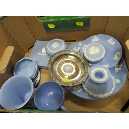 104 - A box of Wedgwood jasperware and a box of ceramics including Gaudy Welsh and Border Fine Arts