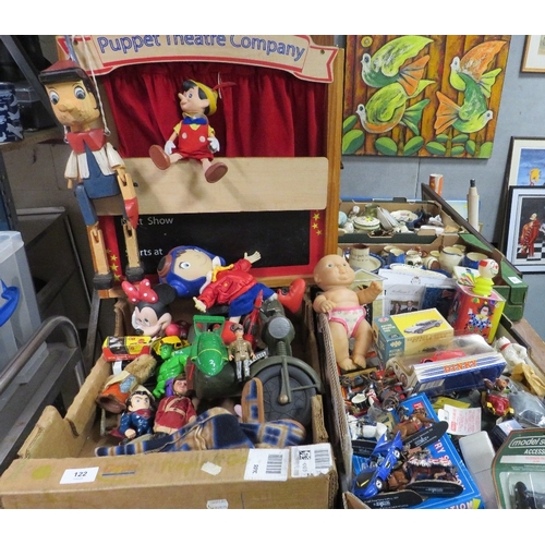122 - Two trays of assorted vintage toys to include Corgi, Dinky, Del Prado, puppets and a puppet theatre ... 