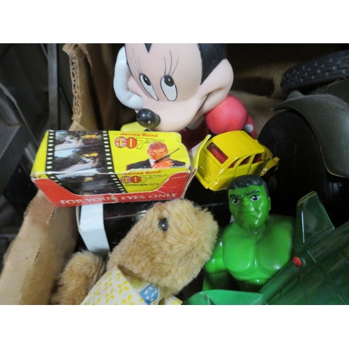 122 - Two trays of assorted vintage toys to include Corgi, Dinky, Del Prado, puppets and a puppet theatre ... 