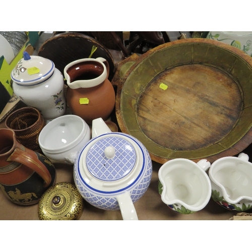 128 - A tray of assorted ceramics and collectables to include a continental wooden bowl with interior meta... 