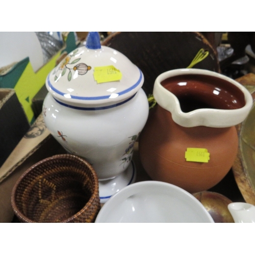 128 - A tray of assorted ceramics and collectables to include a continental wooden bowl with interior meta... 