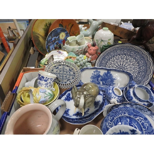 140 - Two trays of assorted ceramics to include blue & white ware to include a Royal Dux elephant etc