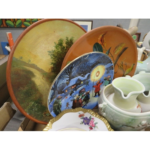 140 - Two trays of assorted ceramics to include blue & white ware to include a Royal Dux elephant etc