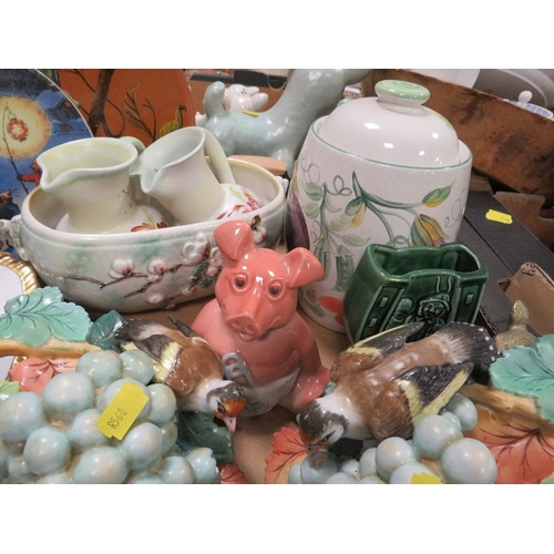 140 - Two trays of assorted ceramics to include blue & white ware to include a Royal Dux elephant etc