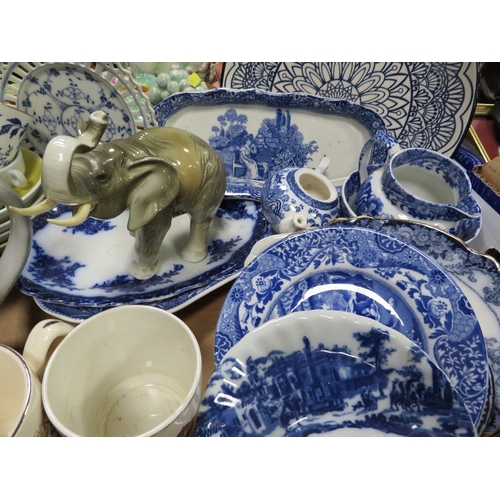 140 - Two trays of assorted ceramics to include blue & white ware to include a Royal Dux elephant etc