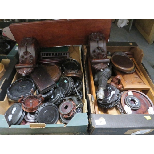 141 - Four trays of assorted treen to include stands, butlers tray,  etc