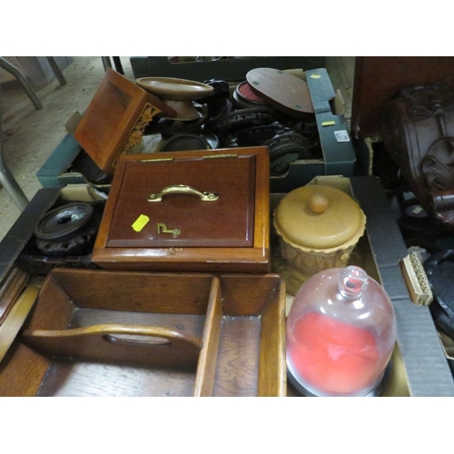 141 - Four trays of assorted treen to include stands, butlers tray,  etc