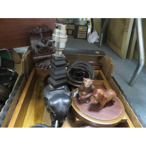 141 - Four trays of assorted treen to include stands, butlers tray,  etc