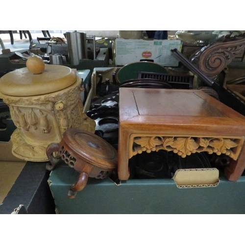 141 - Four trays of assorted treen to include stands, butlers tray,  etc
