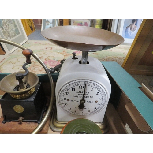 143 - A tray of collectables to include a coffee grinder etc