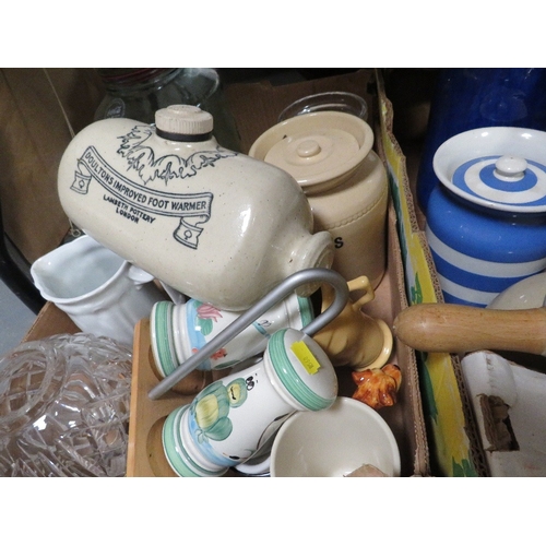 147 - Two trays of assorted kitchenalia to include T. G. Green rolling pin etc