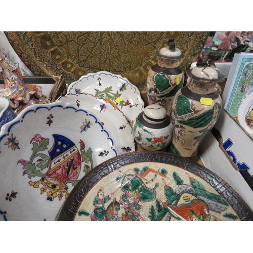 163 - A tray of Oriental style ceramics together with a brass charger