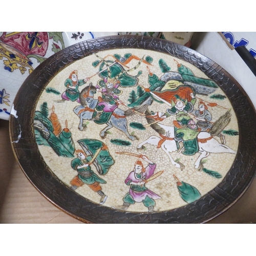 163 - A tray of Oriental style ceramics together with a brass charger