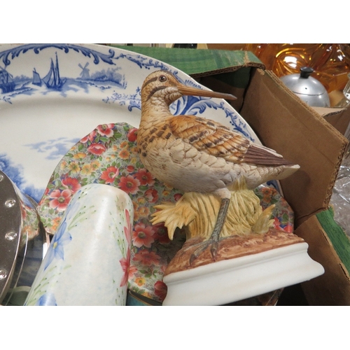 165 - Three trays of china and collectables to include chess set, Aynsley, Radford etc