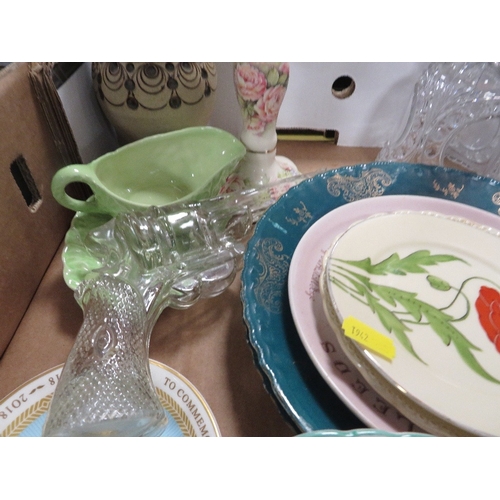 166 - Two trays of assorted ceramics on include Wedgwood jasperware and a Graff floral vase