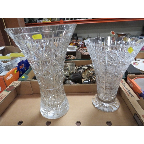 204 - Three trays of glass to include two large vases, cake stand, rose bowls, bells, converted lamp toget... 