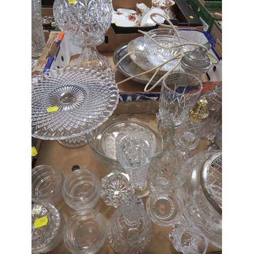 204 - Three trays of glass to include two large vases, cake stand, rose bowls, bells, converted lamp toget... 