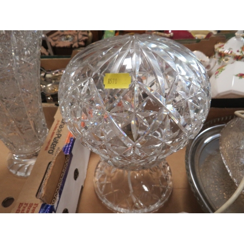 204 - Three trays of glass to include two large vases, cake stand, rose bowls, bells, converted lamp toget... 
