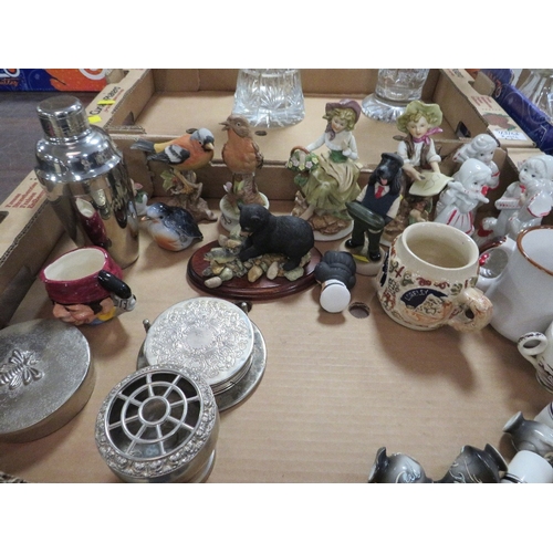 204 - Three trays of glass to include two large vases, cake stand, rose bowls, bells, converted lamp toget... 