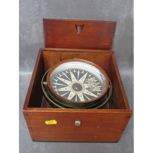 A 19TH CENTURY BOXED MARITIME GIMBAL COMPASS, by S J Browning, Portsmouth, Dia. 14 cm