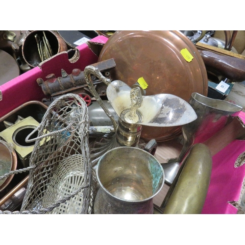 60 - Two trays of assorted metal ware to include a military bugle, copper kettle etc (2)