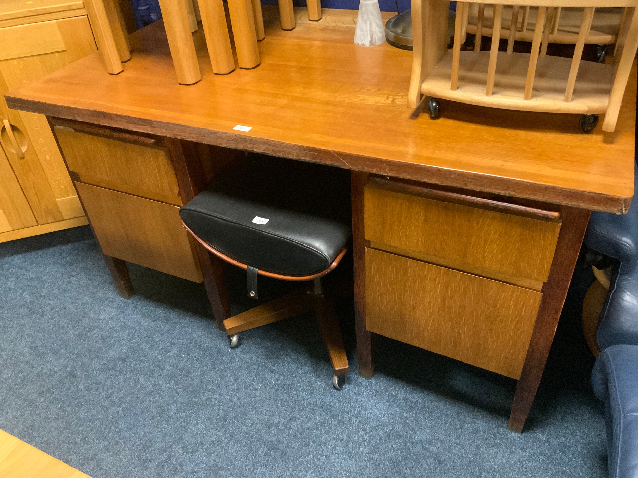 An oak desk with modern drawer runners W 153 cm