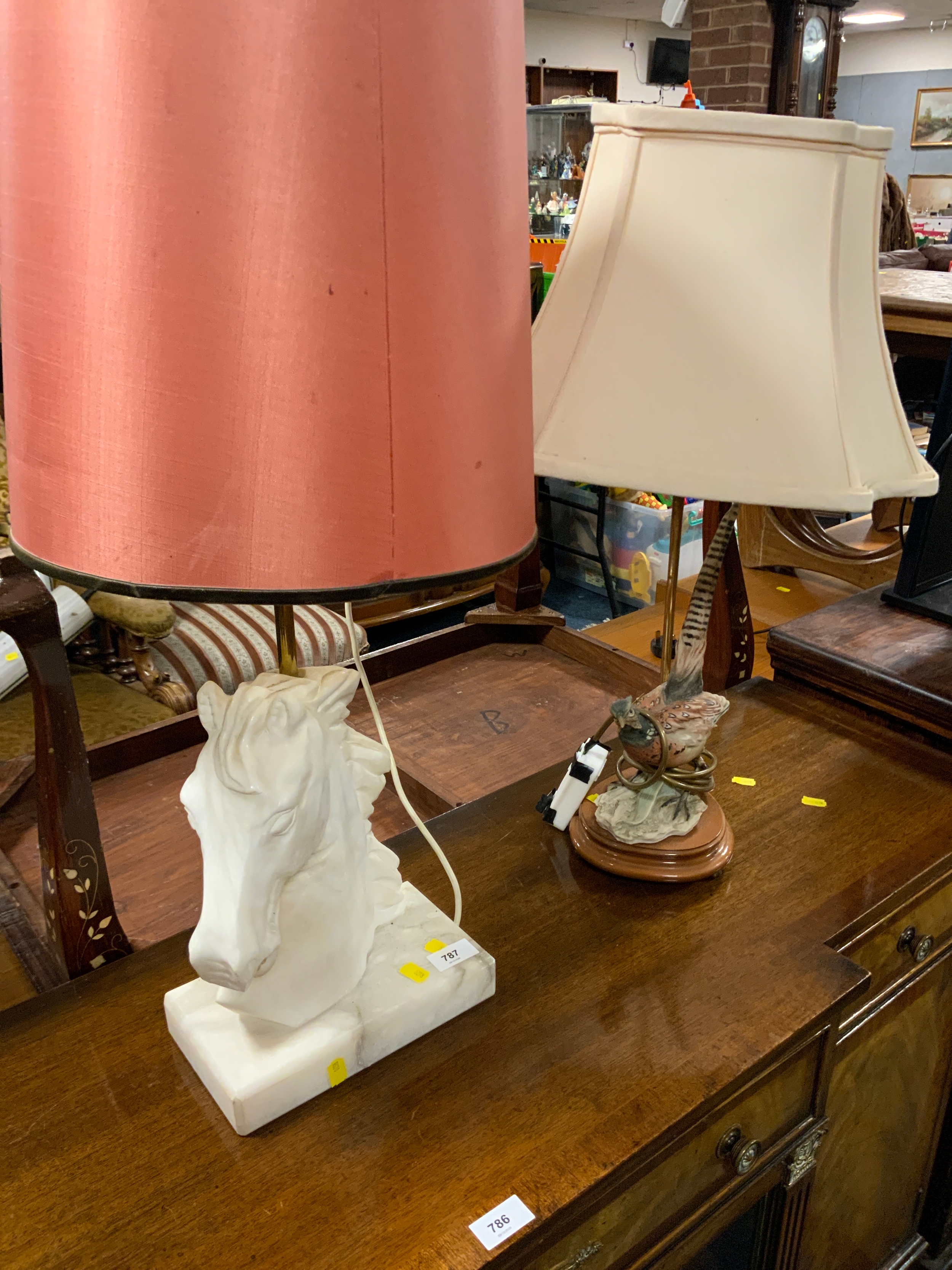 A equestrian table lamp and shade with a pheasant table lamp. (2)