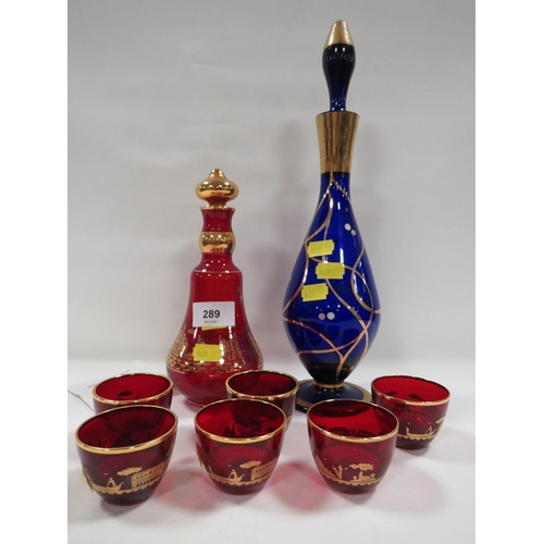 A Murano six glass and decanter set with gold overlay depicting scenes ...