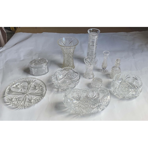 1 - A COLLECTION OF ELEVEN LATE 20TH CENTURY CUT GLASS ITEMS including a lidded box, 3 bowls 2 large vas... 