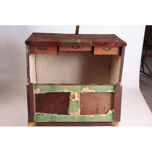 130 - AN 18TH CENTURY CHINESE ELM CHEST with brass mounted decorated front and hinged lock plate; standing... 