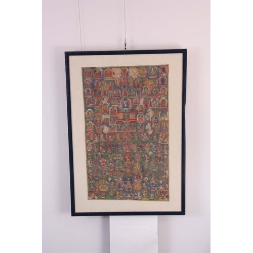 132 - AN INTERESTING LARGE INDIAN OIL ON CANVAS depicting Gods and buddhas - glazed modern frame 82cm high... 