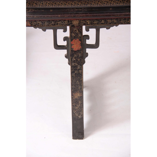 136 - A LATE 19TH CENTURY CHINESE CHINOISERIE LAQUERED SIDE/ALTER TABLE the top with coloured decorated pa... 