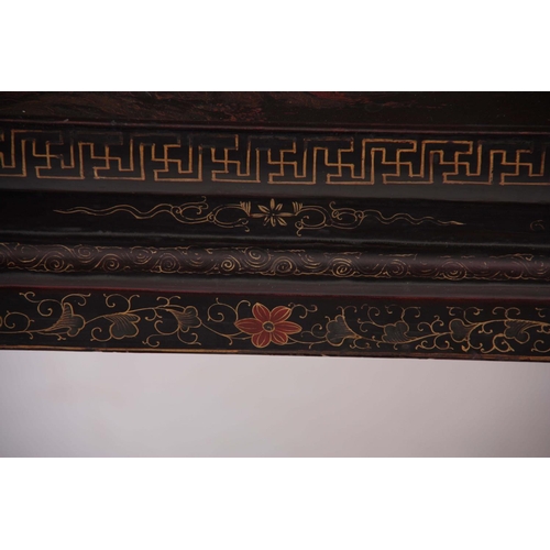 136 - A LATE 19TH CENTURY CHINESE CHINOISERIE LAQUERED SIDE/ALTER TABLE the top with coloured decorated pa... 