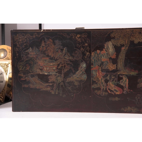 136 - A LATE 19TH CENTURY CHINESE CHINOISERIE LAQUERED SIDE/ALTER TABLE the top with coloured decorated pa... 