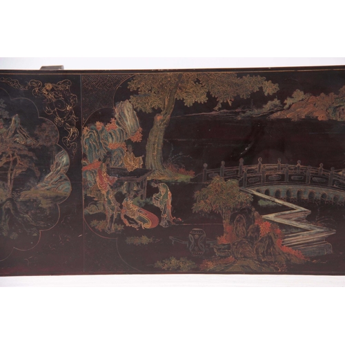 136 - A LATE 19TH CENTURY CHINESE CHINOISERIE LAQUERED SIDE/ALTER TABLE the top with coloured decorated pa... 