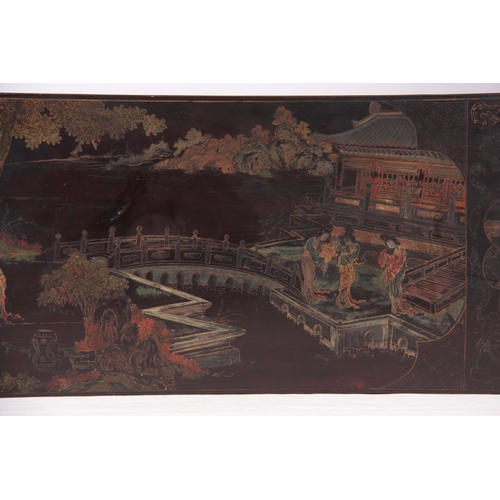 136 - A LATE 19TH CENTURY CHINESE CHINOISERIE LAQUERED SIDE/ALTER TABLE the top with coloured decorated pa... 