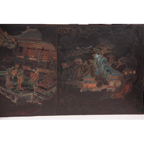 136 - A LATE 19TH CENTURY CHINESE CHINOISERIE LAQUERED SIDE/ALTER TABLE the top with coloured decorated pa... 