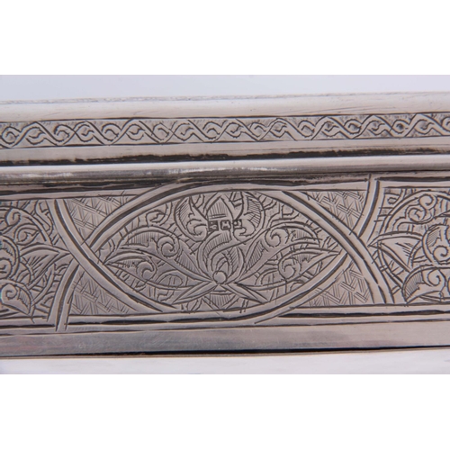 140 - AN EARLY 20TH CENTURY ISLAMIC SILVER CIGARETTE BOX decorated with chased Islamic script and floral m... 