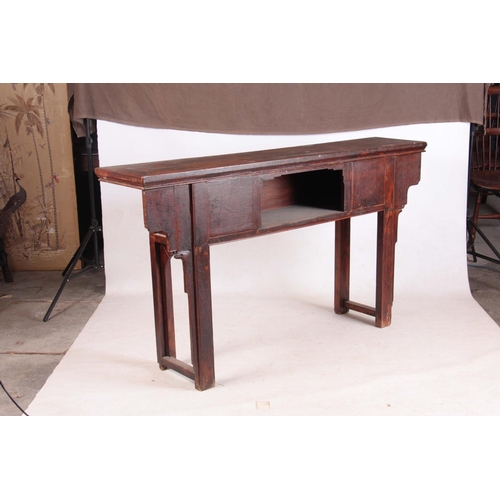 143 - AN 18TH CENTURY CHINESE STAINED HARDWOOD ALTAR TABLE with open frieze panel to the front; standing o... 