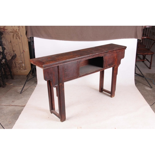 143 - AN 18TH CENTURY CHINESE STAINED HARDWOOD ALTAR TABLE with open frieze panel to the front; standing o... 